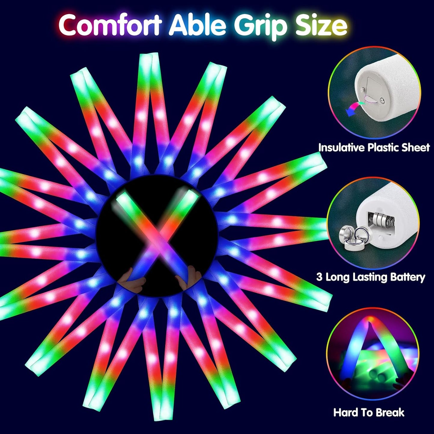 124 PCS Glow Sticks, Foam Glow Sticks, Foam Light up Sticks with 3 Modes Colorful Flashing, Glow In The Dark Party Supplies, Glow Sticks Bulk Party Pack, Foam Glow Sticks Bulk for Party, Raves