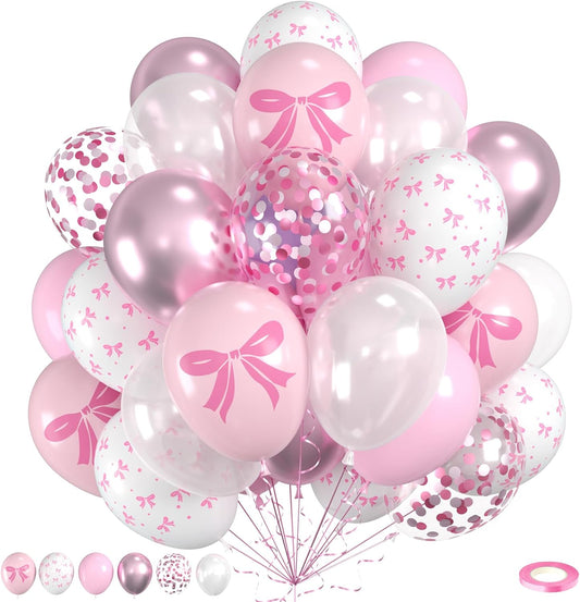 Pink Bow Latex Balloons, 60pcs Pink and White Balloons, Bow Printed Balloon Metallic Confetti Balloon For Girls Women Princess Birthday Baby Shower Bachelorette Party Engagement Wedding Anniversary