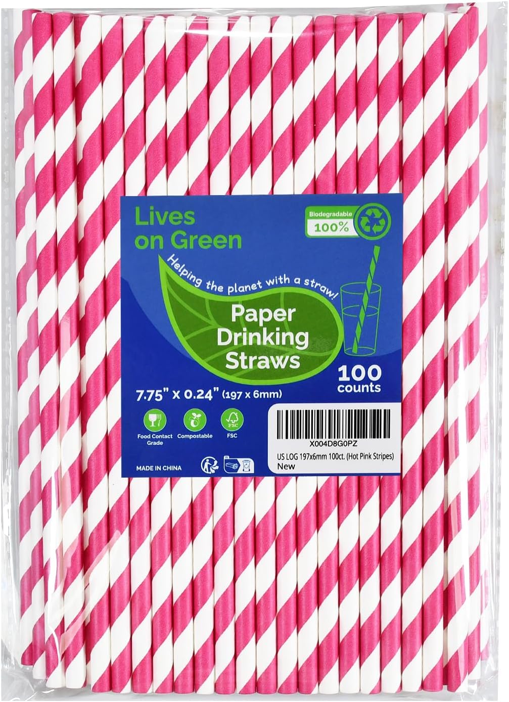 7.75 inch Hot Pink Striped Paper Straws for Drinking - Unwrapped, 100 Counts - for Party, Wedding, Cocktail, Beverage
