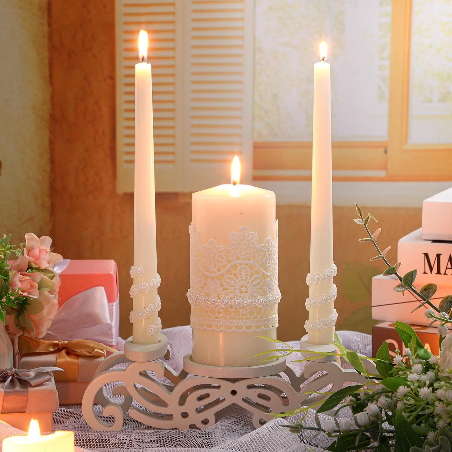 Irenare Unity Candles with Holder for Wedding Ceremony Wedding Decortions Accessories Glass Candle Holder Pillar Candle for Formal Events Church(Stylish Style)