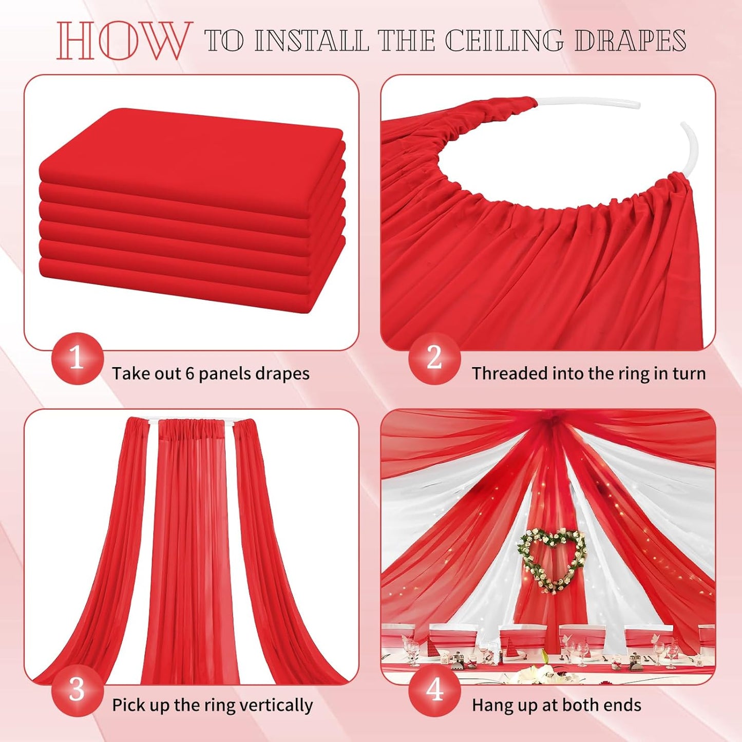 6 Panels Red Ceiling Drapes for Wedding 5ftx10ft Chiffon Fabric Arch Draping Curtains Sheer Drapery for Party Ceremony Birthday Baby Shower Reception Stage Swag Ceiling Decorations