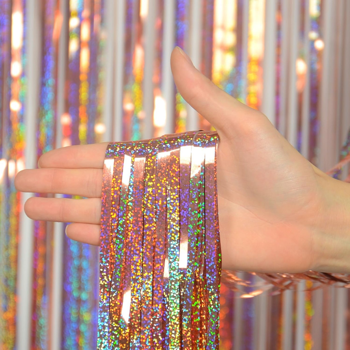 Foil Fringe Backdrop, Melsan 2 Pack 3.2 ft x 8.2 ft Tinsel Foil Fringe Curtains, Sparkle Fringe Curtains for Bachelorette Party Decorations Photo Background Decoration, Rose Gold