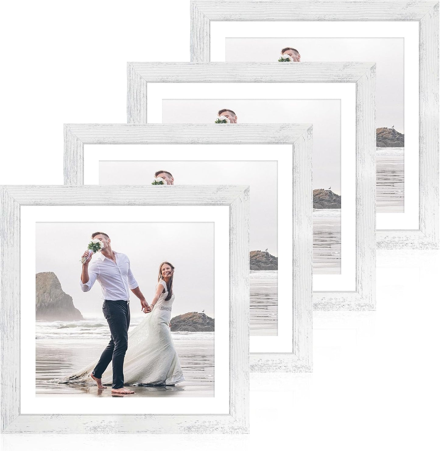 12x12 Picture Frame Set of 4 with Tempered Glass, Display 10x10 Pictures with Mat or 12 x 12 Without Mat, Wooden Photo Frames for Tabletop Display and Wall Mounting