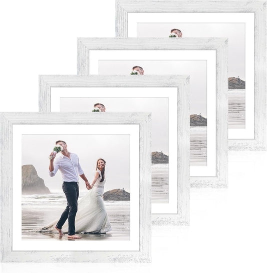 12x12 Picture Frame Set of 4 with Tempered Glass, Display 10x10 Pictures with Mat or 12 x 12 Without Mat, Wooden Photo Frames for Tabletop Display and Wall Mounting