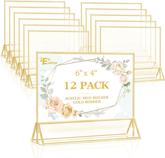 EHWINE 12 Pack Acrylic Sign Holder 4 x 6 Horizontal, Double-Sided Stand up Table Top Sign Holders, Gold Acrylic Picture Frame Menu Flyer Paper Holder Display Stand for Office Business Store Wedding Party