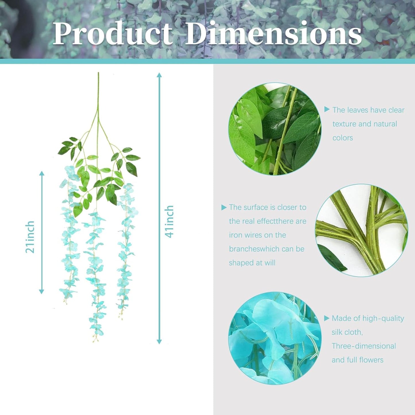 24 Pack Teal Wisteria Hanging Flowers, 3.4 Ft Fake Hanging Flowers, Artificial Wisteria Garland Vines for Wedding Room Backdrop Outdoor Patio Garden Decoration