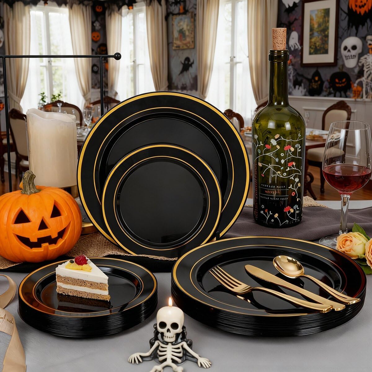 350 Pieces Black and Gold Plastic Plates with Disposable Silverware, Include 50 Dinner Plates 9”, 50 Dessert Plates 6.3”, 50 Black Cups 9 OZ, 50 Pre Rolled Napkins for Halloween new year