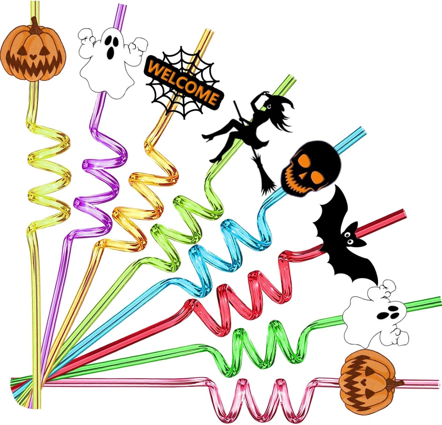 24 Pcs Halloween Party Favors - Reusable Plastic Crazy Straws with Bats, Pumpkin, Witch, Ghost Designs & 2 Cleaning Brushes