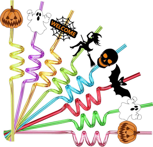 24 Pcs Halloween Party Favors - Reusable Plastic Crazy Straws with Bats, Pumpkin, Witch, Ghost Designs & 2 Cleaning Brushes