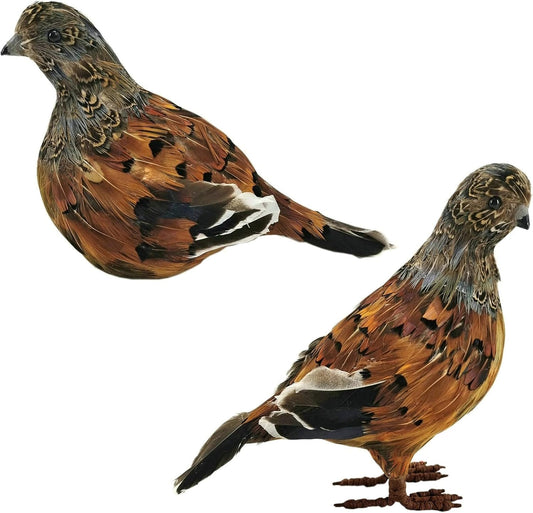 naturevibe 7.5 Inches Feathered Quail Set of 2 Fall Decorations,Artificial Woodland Animals Fall Figurines with Natural Feather as Centerpiece Table Decorations or Autumn Harvest Decor