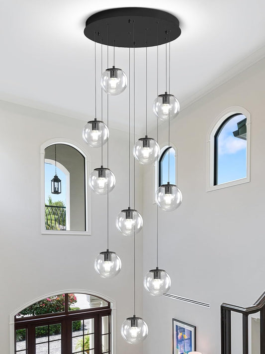 Modern Globe Chandelier H118 Staircase Chandelier for Entryway 12-Lights Glass Globe Pendant Light Large Chandeliers for High Ceiling Foyer Stairwell