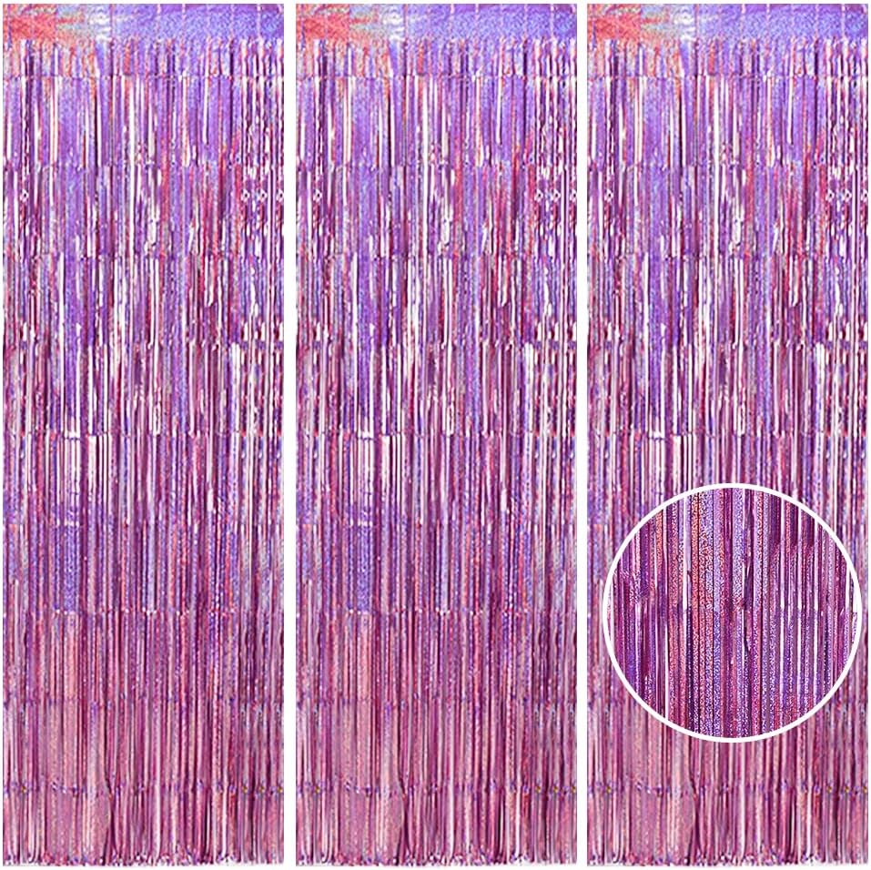 TONIFUL 3Pcs Laser Light Pink Door Streamers,Laser Pink Photo Booth Backdrop Metallic Streamers Pink Foil Fringe Curtains for Birthday,Christmas,New Year,Bachelorette,Grad Party(9.9ft x 6.6ft)
