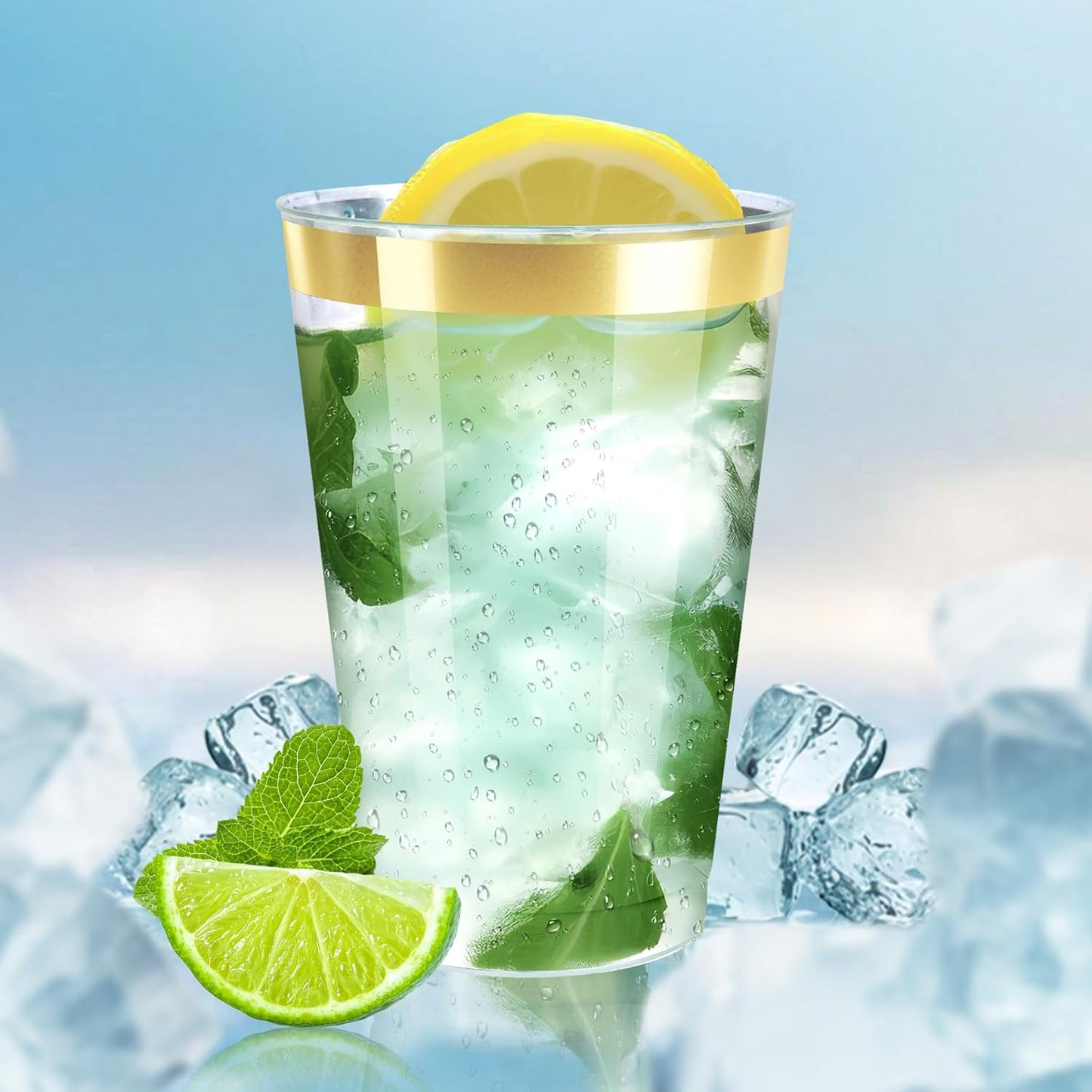 12oz Clear Plastic Cups with Gold Rimmed Sturdy & Food Safe Disposable Wine Glasses Wedding Cups Party Cups Plastic Cocktail Glasses for Wine, Juice, Cocktails and Cold Beverages [100 Pack]