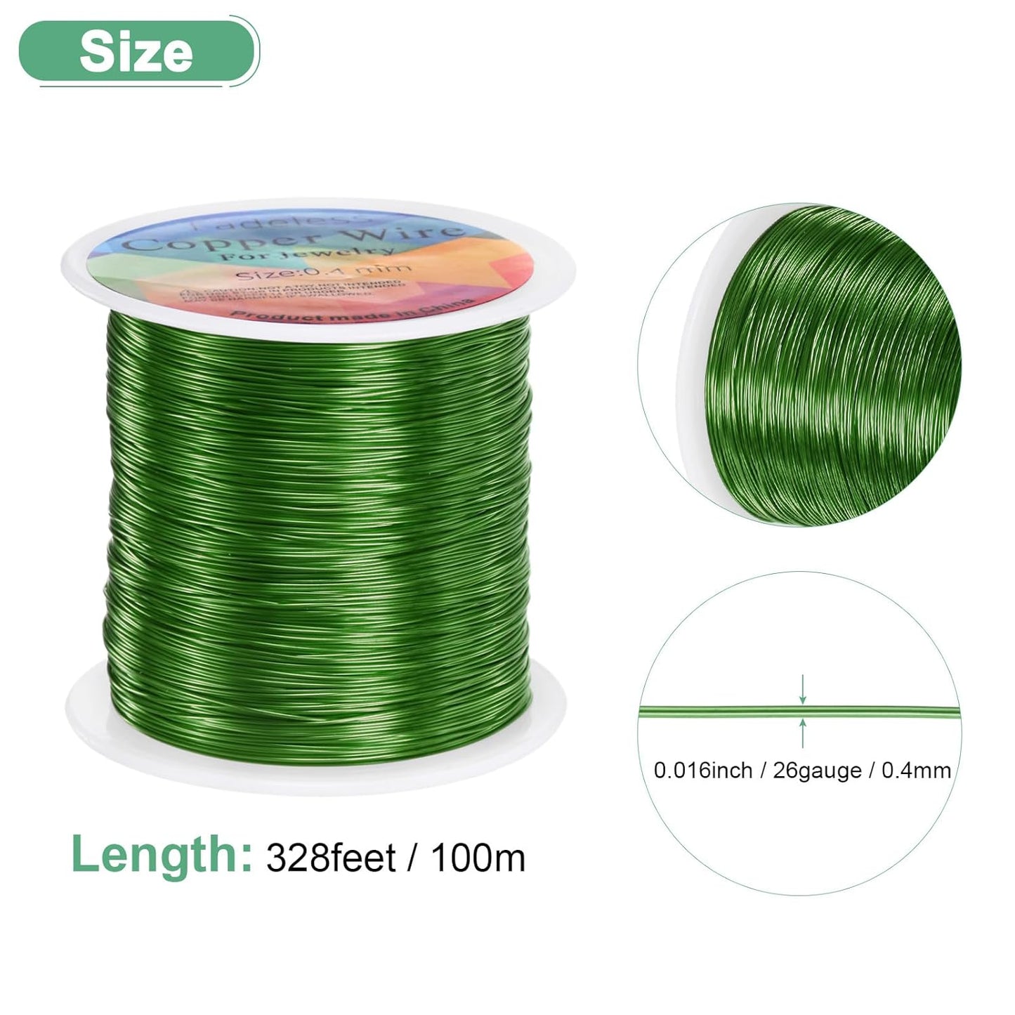 0.4mm Jewelry Wire, 26 Gauge 328FT Craft Wire Copper Beading Wire for Jewelry Making/Planting/Weaving/DIY Crafting, Soft Metal Wires [100M, Green]