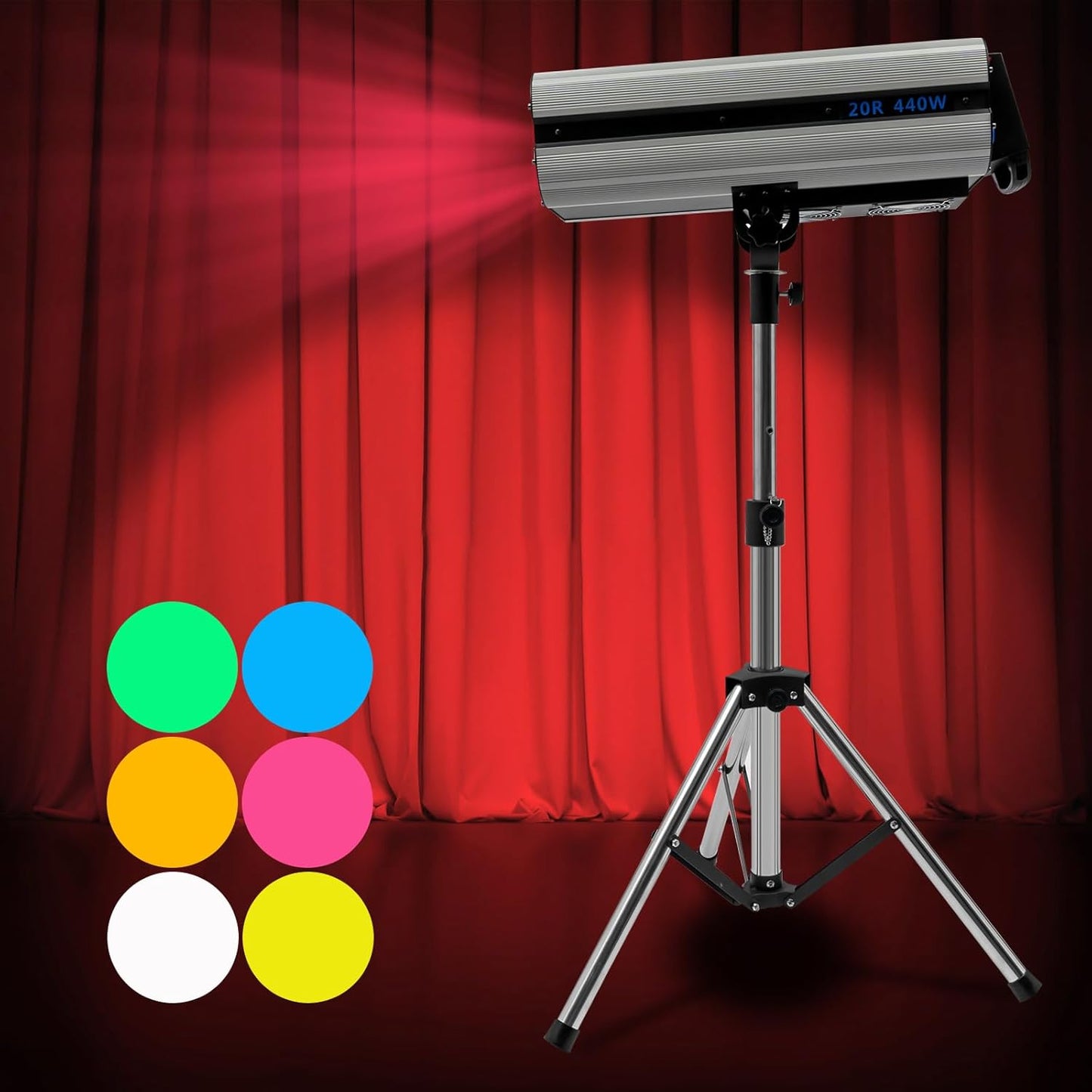 Follow Spotlight for Stage, 440W LED Spot Light DJ Lighting with Control Panel & Adjustable Stand, Disco Ball Light for Party Theater Wedding Show, 6 Colors, 328.08-393.7ft
