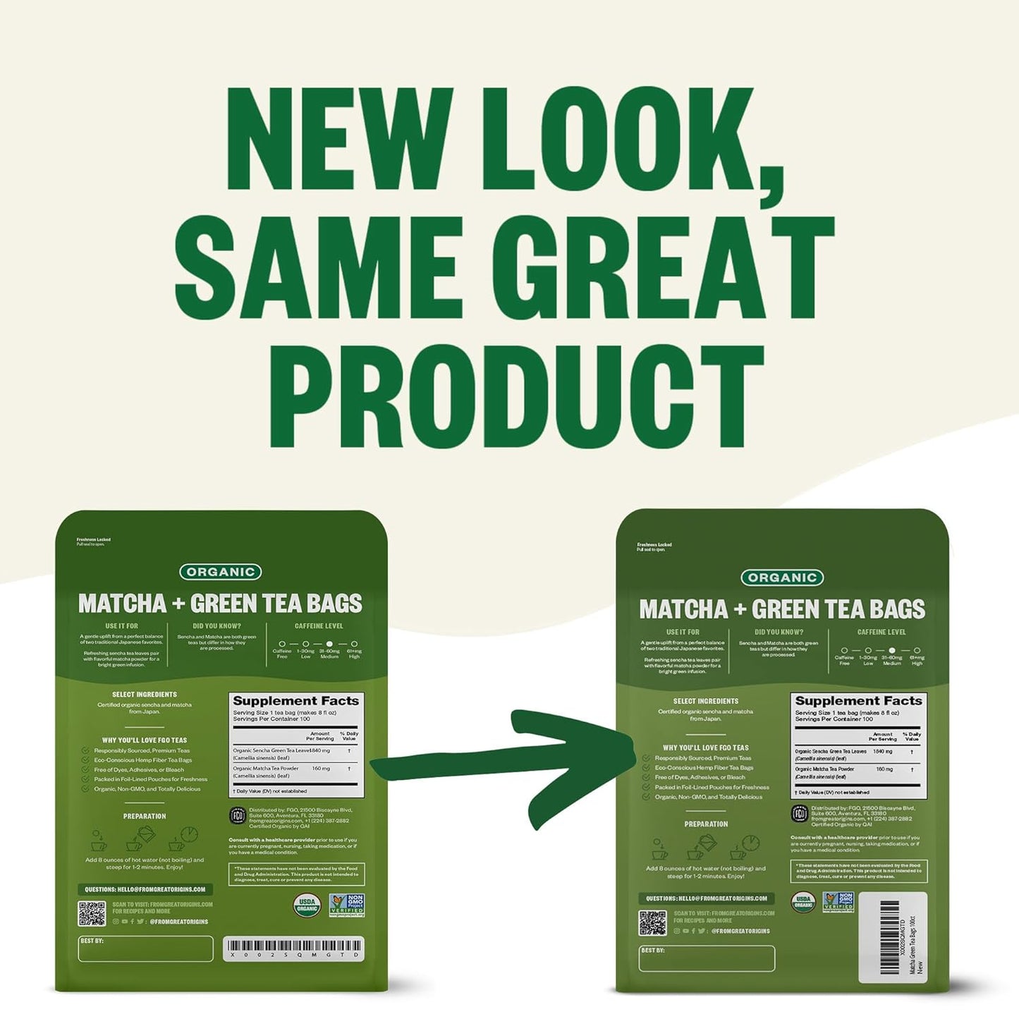 FGO Organic Japanese Matcha + Green Tea, 100 Count, Eco-Conscious Tea Bags, Resealable Bag, Packaging May Vary (Pack of 1)