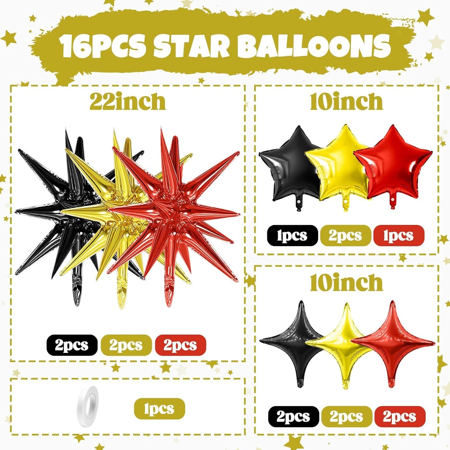 Black Gold Red Star Balloon,16Pcs Star Foil Balloons Set with 22Inch Explosion Spike Cone Balloons and 10Inch Quadrangle Helium Balloon for Birthday Wedding Baby Shower Party Decorations
