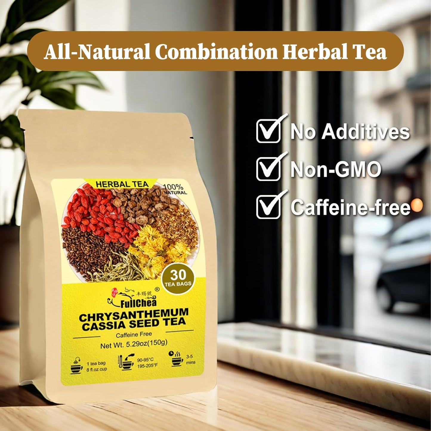 FullChea - Chrysanthemum Cassia Seed Tea, 30 Teabags, 5g/bag - Burdock Root, Goji Berries, Osmanthus, Honeysuckle Combination Herbal Tea