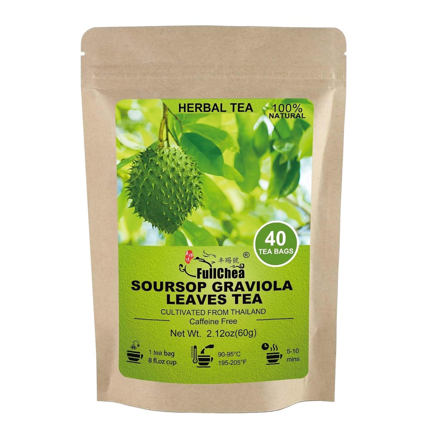 FullChea - Soursop Leaves Tea Bags, 40 Teabags - Premium Soursop Graviola Leaves - Hojas De Guanabana Tea - Non-GMO - Caffeine-free - Improve Digestion, Support Healthy Skin & Sleep