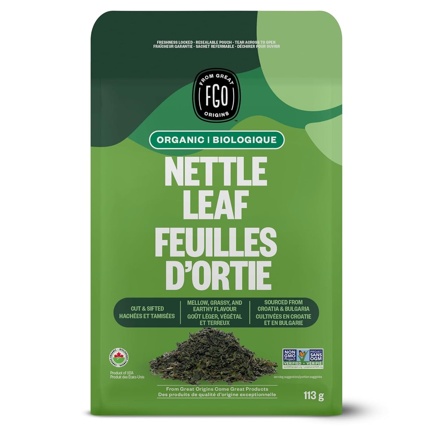 FGO Organic Nettle Leaf Loose Tea, Cut and Sifted, Caffeine Free, 4oz Resealable Bag, Packaging May Vary (Pack of 1)