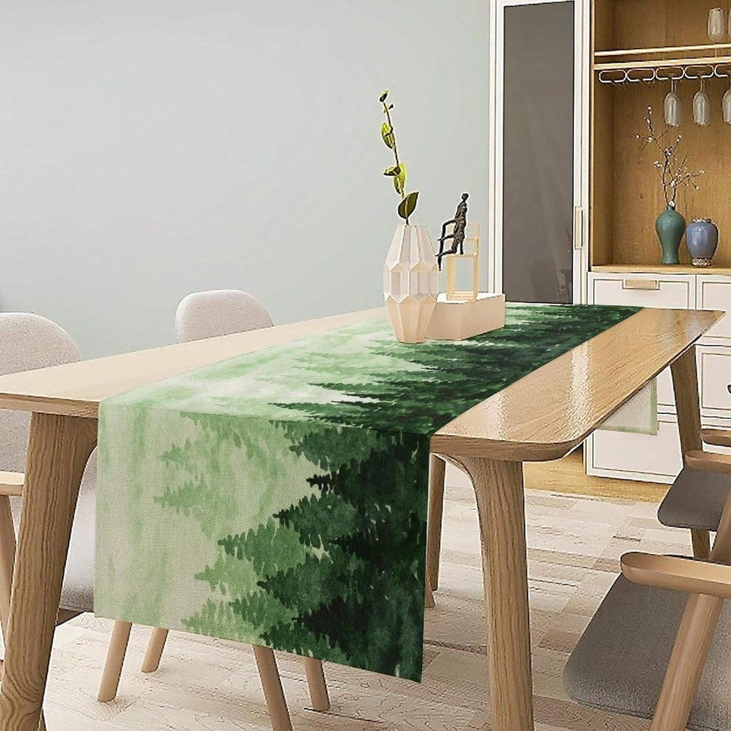 Foggy Forest Table Runner,Watercolor Wreen Misty Forest Landscape Table Runner for Kitchen Dining Table Home Party Decoration 13x72 Inch