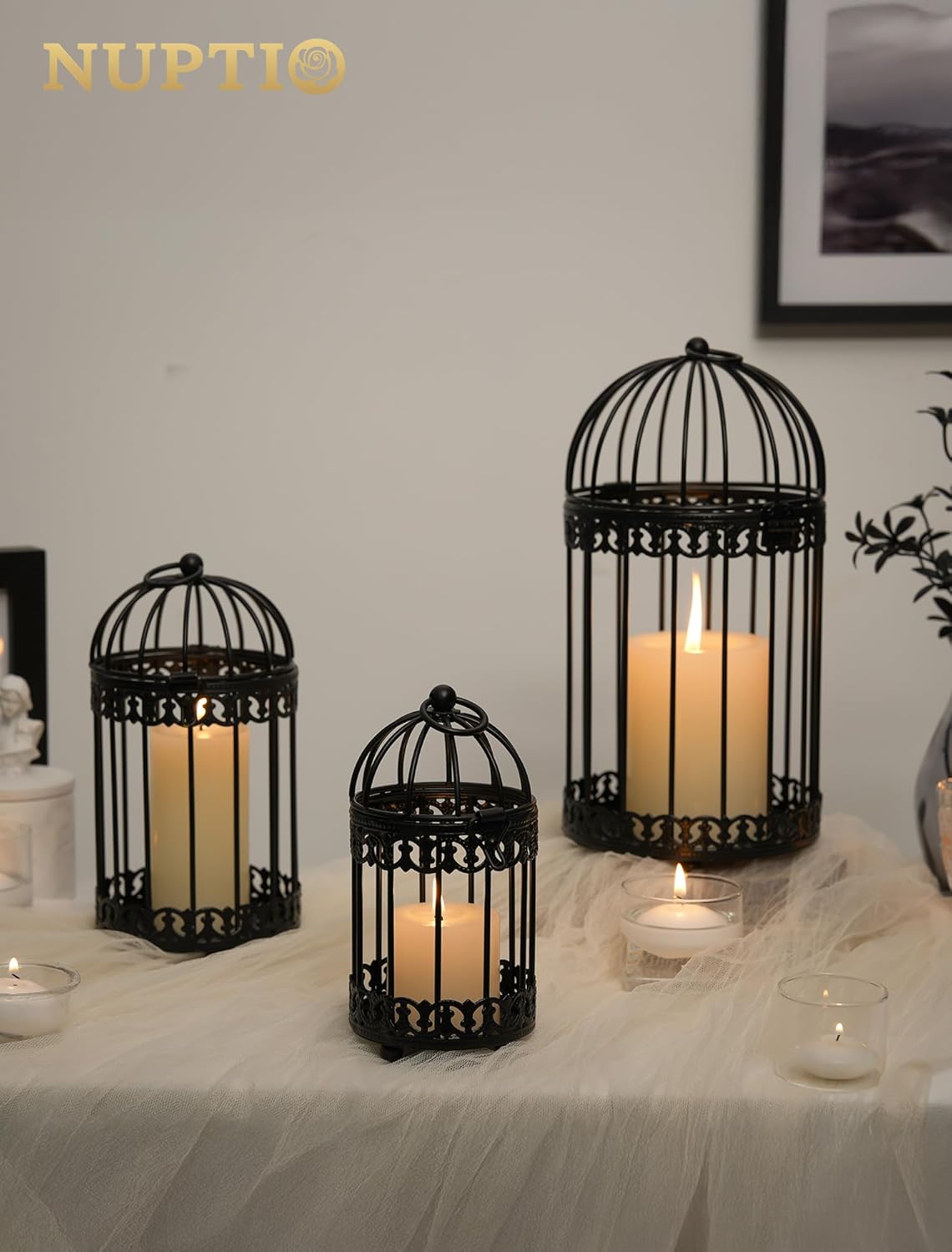 NUPTIO Decorative Bird Cages for Centerpiece: Black Vintage Bird Cage Hanging Lantern Set of 3 - Metal Birdcage Pillar Candle Holders for Halloween Party Table Fireplace Decor