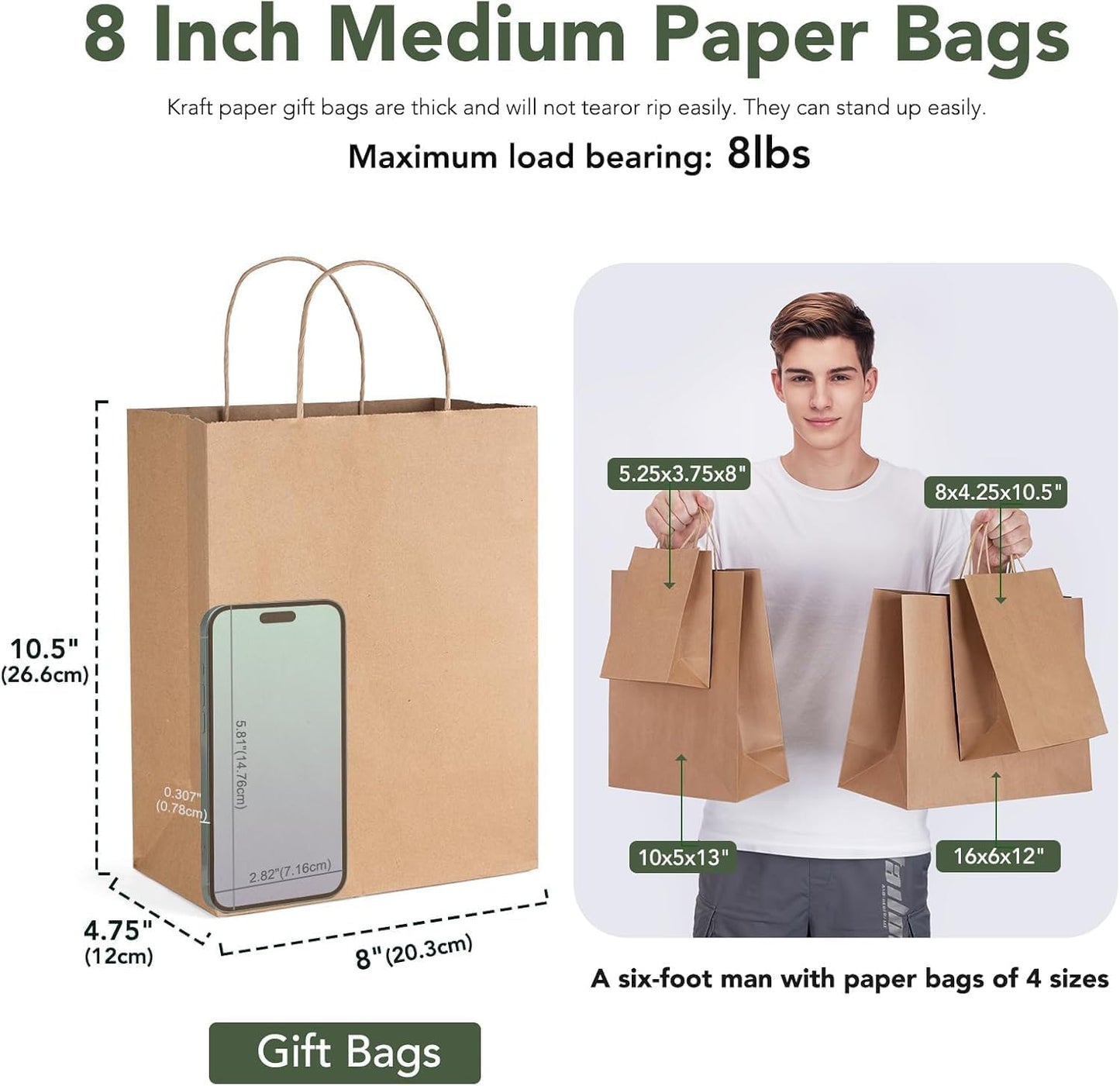 GSSUSA 12000 Pack 8x4.25x10 Inch Paper Bags with Handles Bulk, Brown Paper Gift Bags for Small Business, Heavy Duty Bulk, for Birthday Party Favors, Shopping, Retail