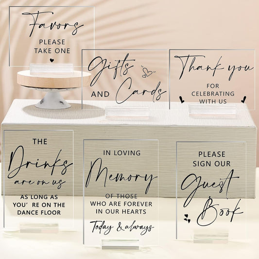 Weysat 6 Pcs Clear Acrylic Wedding Signs for Reception and Ceremony 5'' x 7'' Wedding Signage with Stand in Loving Memory Table Decorations Cards and Gifts Guestbook Reserved Table Sign(Classic Style)