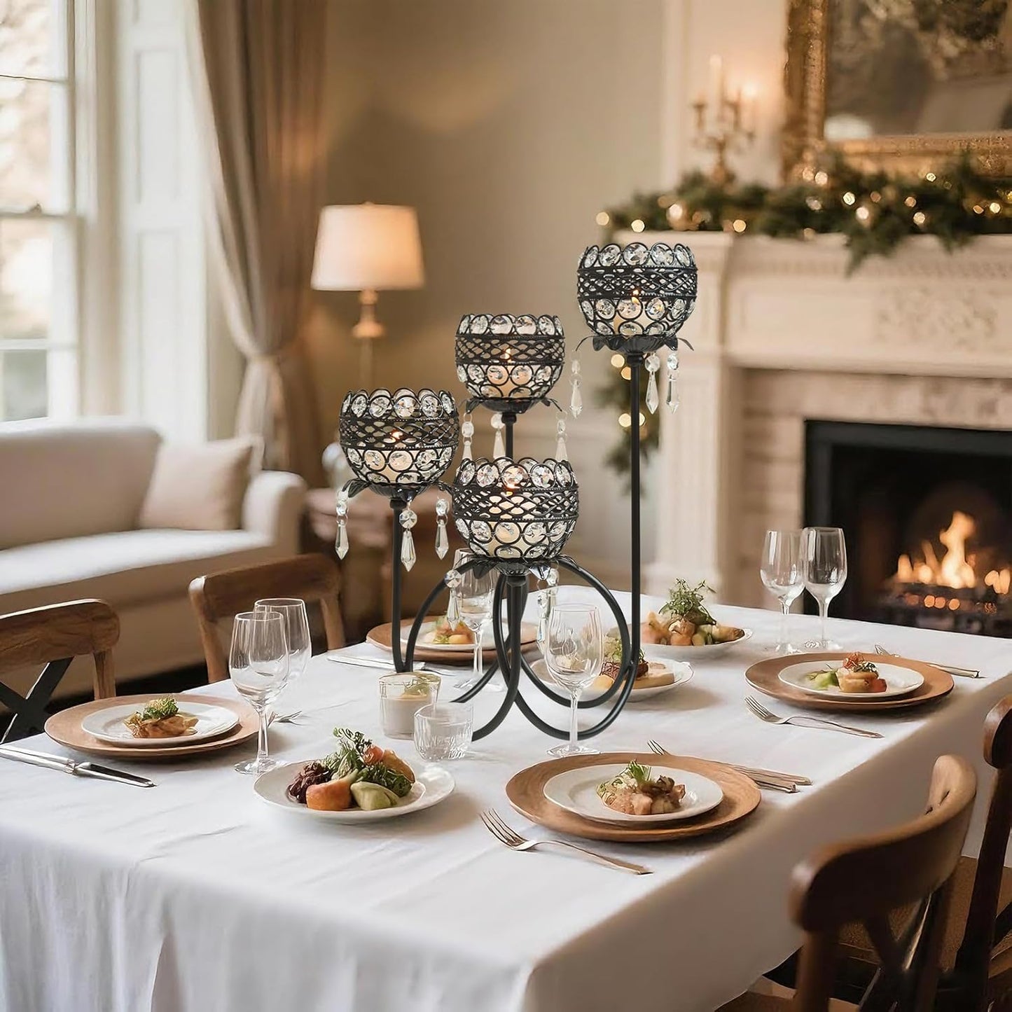 4 Arms Crystal Candelabra Tealight Holder - Tall 15.7 Inch Elegant Centerpiece with Crystal Pendant Bowls & Artistic Metal Stand for Wedding, Dining Table, Home Decor (1, Black)