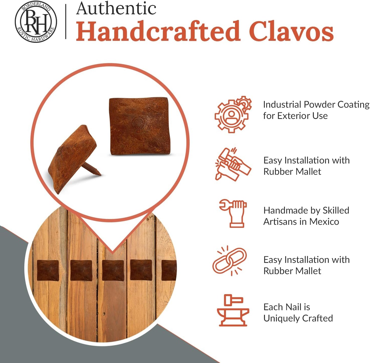 25 Pack 1.25" Square Head Iron Clavos Decorative Nails – Rusted – Handmade Rustic Square Fasteners for Farmhouse Shutters, Faux Wood Beams, Barn Doors, Shutters, and Gates – Ornamental Wood Accent