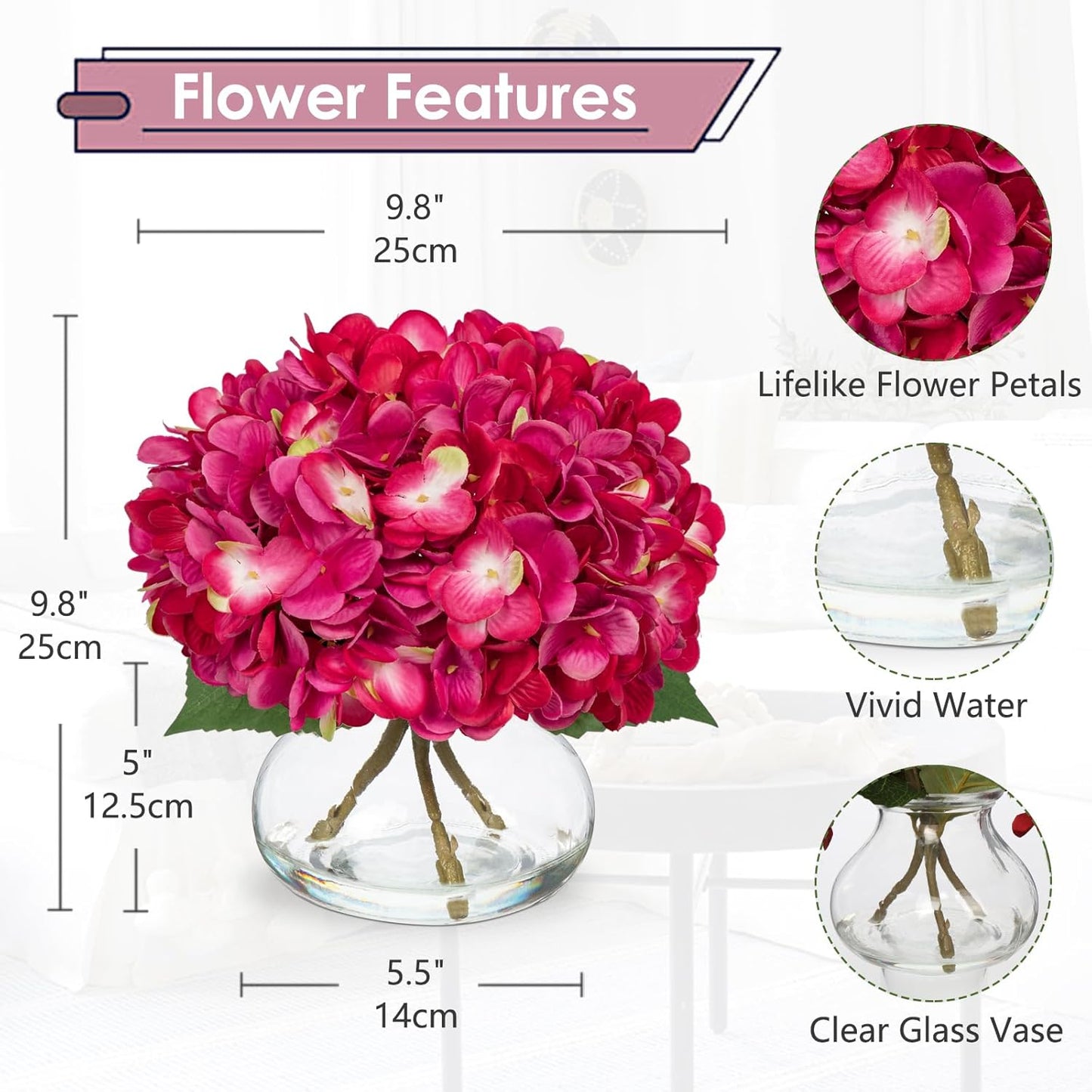 Hollyone Hydrangea Artificial Flowers with Glass Vase Fuchsia Silk Faux Flowers Arrangements in Vase with Faux Water Fake Floral Bulk Bouquet for Home Decor Table Centerpiece Decorations