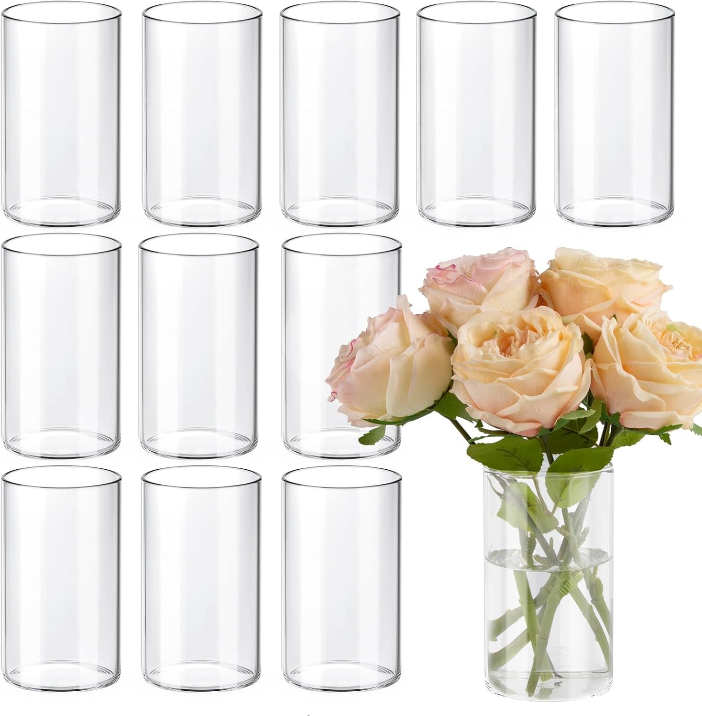 12pcs Glass Cylinder Vases for Centerpieces, 6 Inch Clear Flower Vases for Wedding Decorations and Indoor Home Decor, Hurricane Candle Holder for Table Shelf, Party