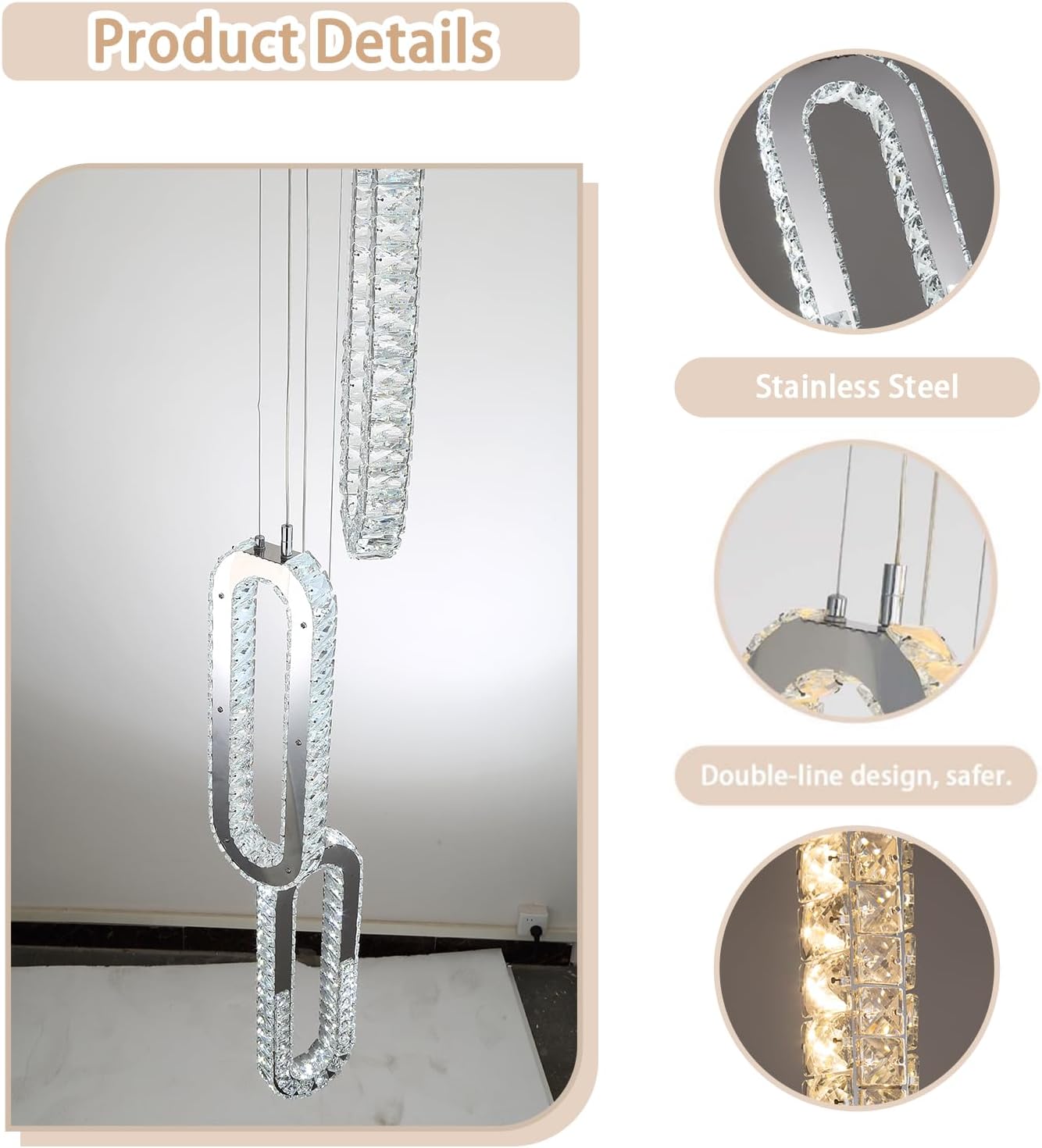 8 Rings Crystal Chandelier,H 118" Modern Silver Pendant Light Luxury Foyer Lighting Fixture High Ceiling Chandelier for Entryway,Staircase,Living Room,Villa LED Dimmable 2700K-6000K