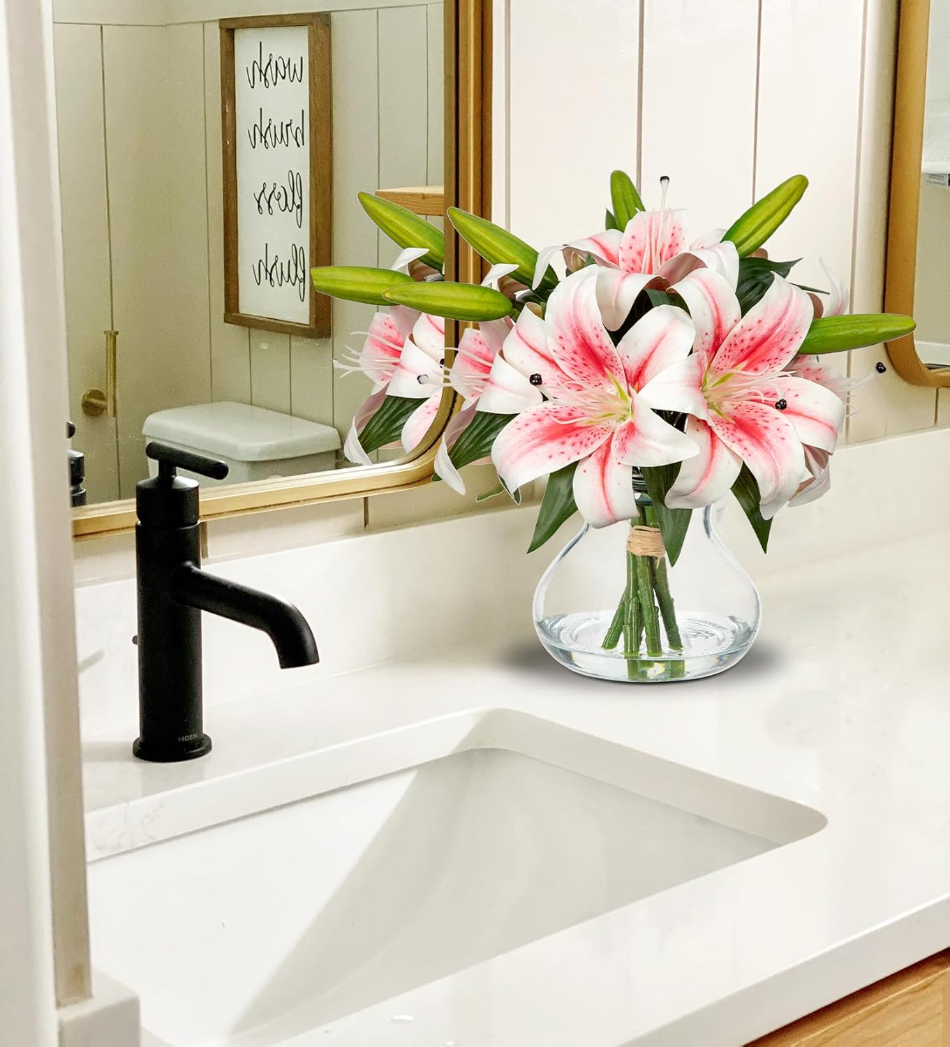 Artificial Flowers Tiger Lily Real Touch with Vase Easter Lily Pink Lilies Silk Faux Flowers Arrangements in Glass Vase with Faux Water Easter Decor Fake Floral Bulk Bouquet for Office Home Decor