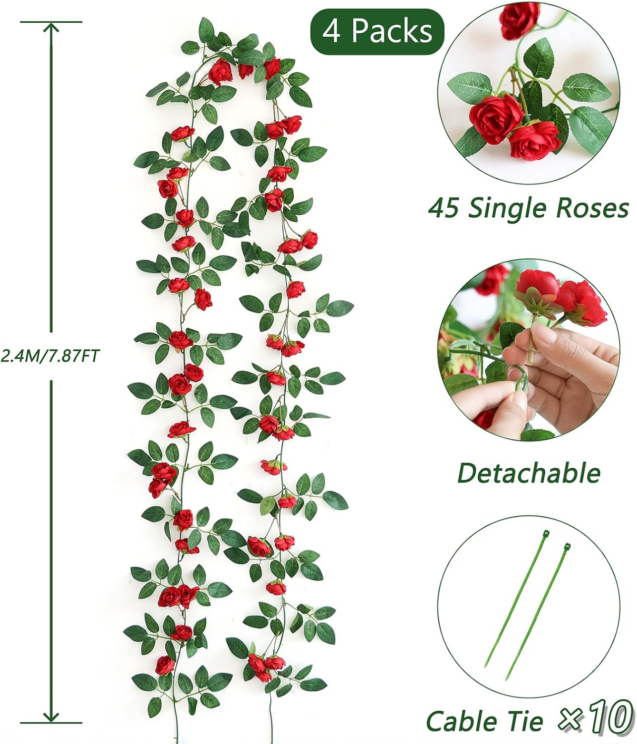4 Packs Artificial Rose Garland: 31.48Ft Each Fake Flower Vine with Improved Color & 10 Ties for Wedding Arch Backdrop, Home Wall Party Decor, Christmas Decor, Red
