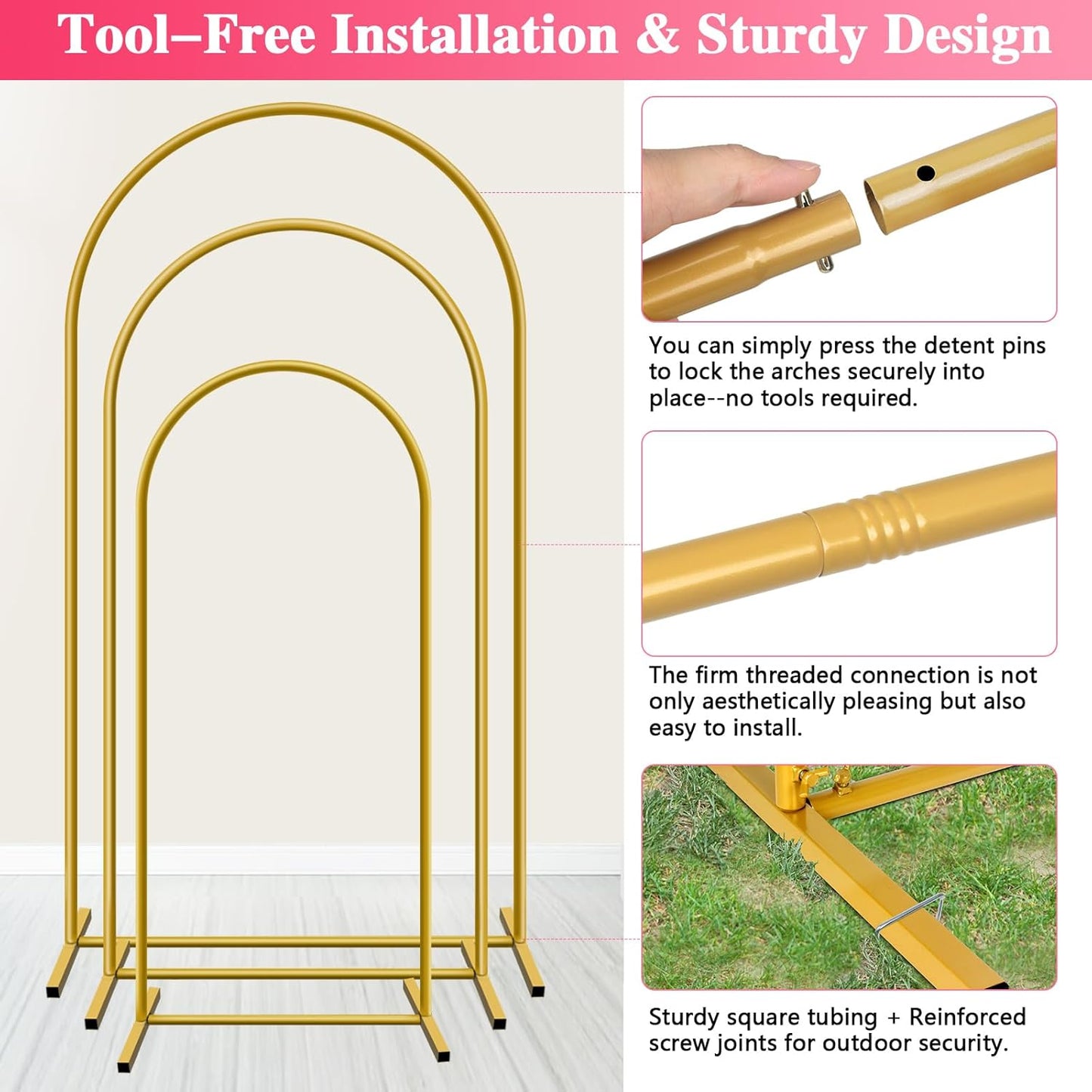 Metal Arch Backdrop Stand, Set of 3 (4/5/6 ft) Wedding Arched Frame with 12 Ground Nails, Stable Arched Background Stand for Wedding, Baby Shower, Birthday Party, Photography, Gold