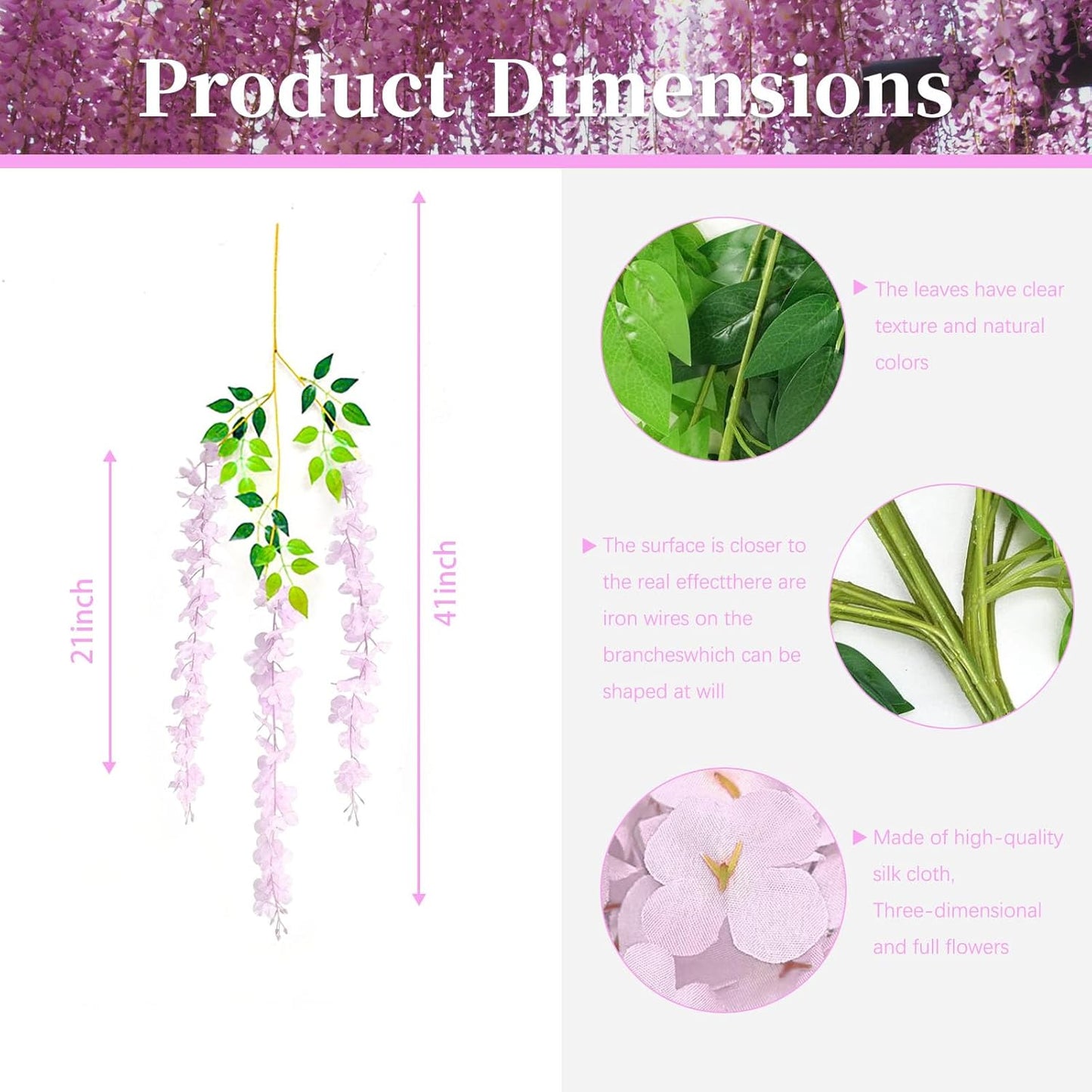 12 Pack Pink Wisteria Hanging Flowers, 3.44 Ft Fake Hanging Flowers, Artificial Wisteria Garland Vines for Wedding Room Backdrop Outdoor Patio Garden Decoration