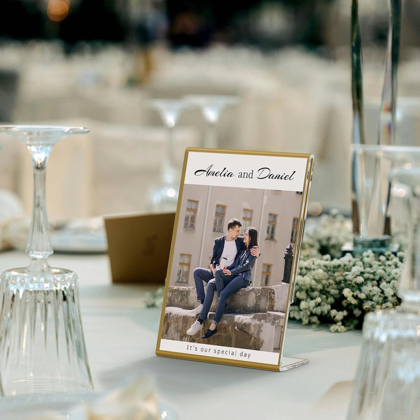 NIUBEE 6 Pack 5 x 7 Acrylic Gold Frame, Slanted Back Table Sign Holder for Wedding Table Numbers, Restaurant Signs, Photos and Art Display Visit the Store