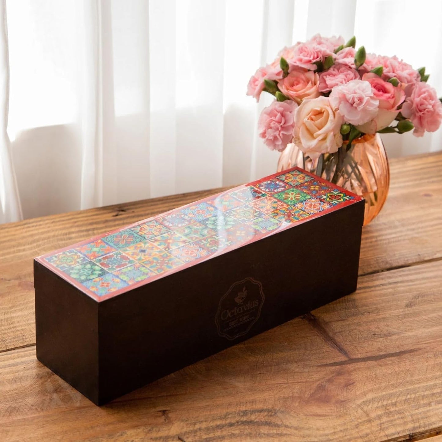 Octavius - Assorted Tea Variety Pack in Tile Motif Design Wooden Box | 6 Flavors, 60 Tea Bags | Black & Green Tea | Tea Gifts for Women & Men