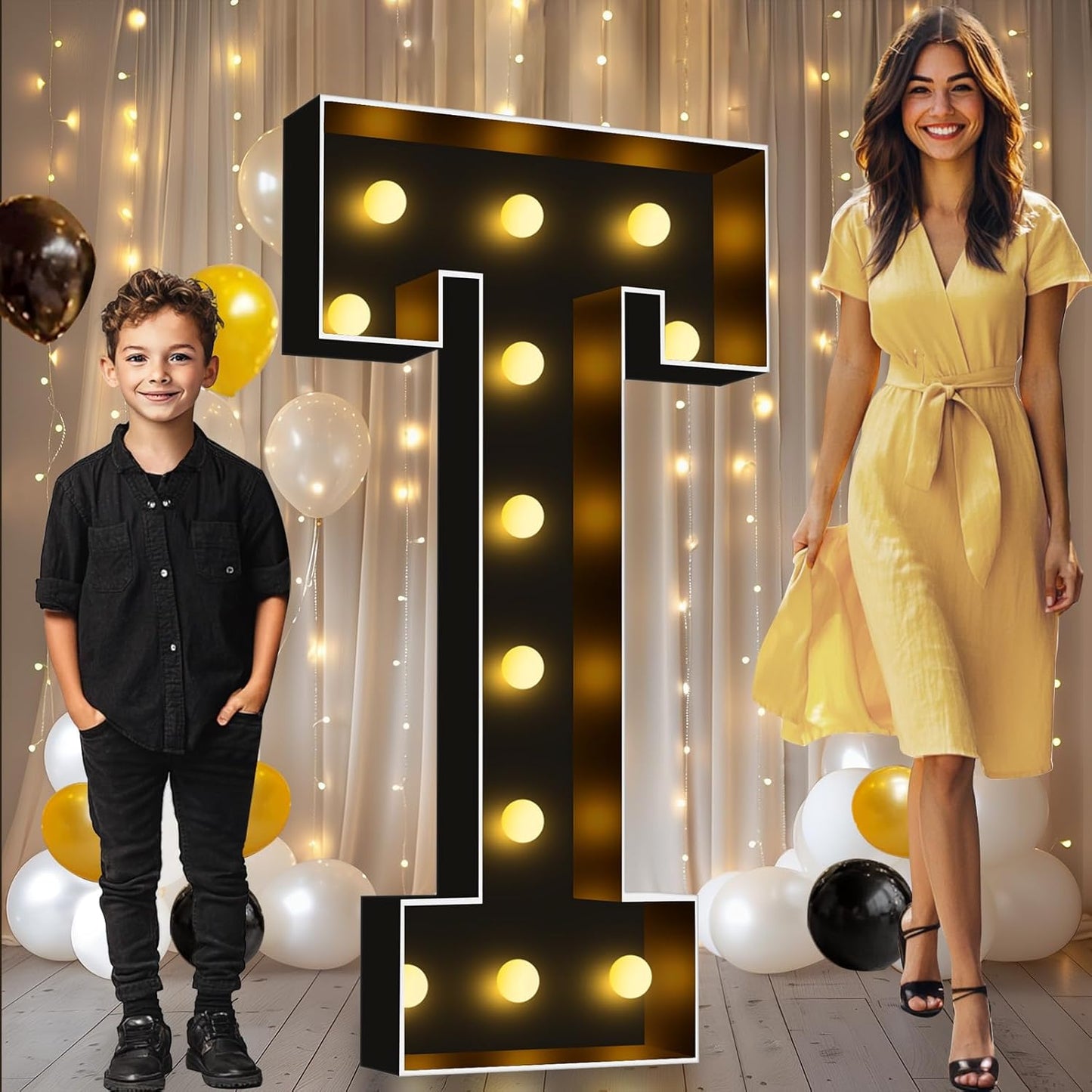 Pooqla 4 FT Marquee Light Up Letters, Black Marquee Letter Lights 4 Feet Tall for Birthday Decoration, Big Mosaic Letters Sign for Balloons Party Anniversary Wedding Decorations, Giant Warm White T