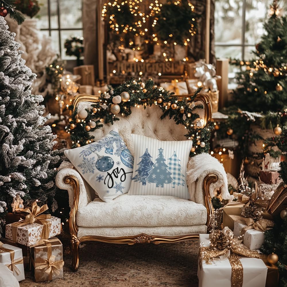 GEEORY Winter Christmas Throw Pillow Covers 16 x 16 Inch Set of 4, Xmas Trees Snowflake Snowman Joy Plaid Holiday Farmhouse Decorative Cushion Cases for Home Decoration G582-16