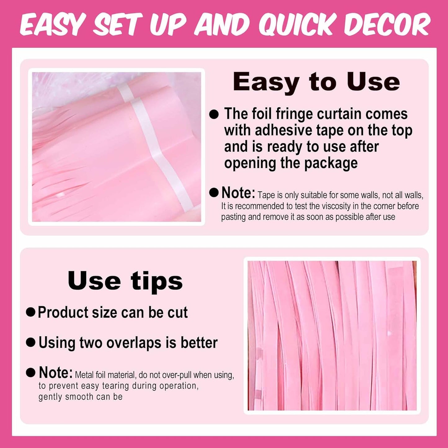 3 Pack Macaron Pink Foil Fringe Curtains Backdrop, 3.28 x 9.8 Ft Metallic Streamers Tinsel Curtains Background for Photo Booth, Birthday, Halloween, Christmas, New Year Party Decorations