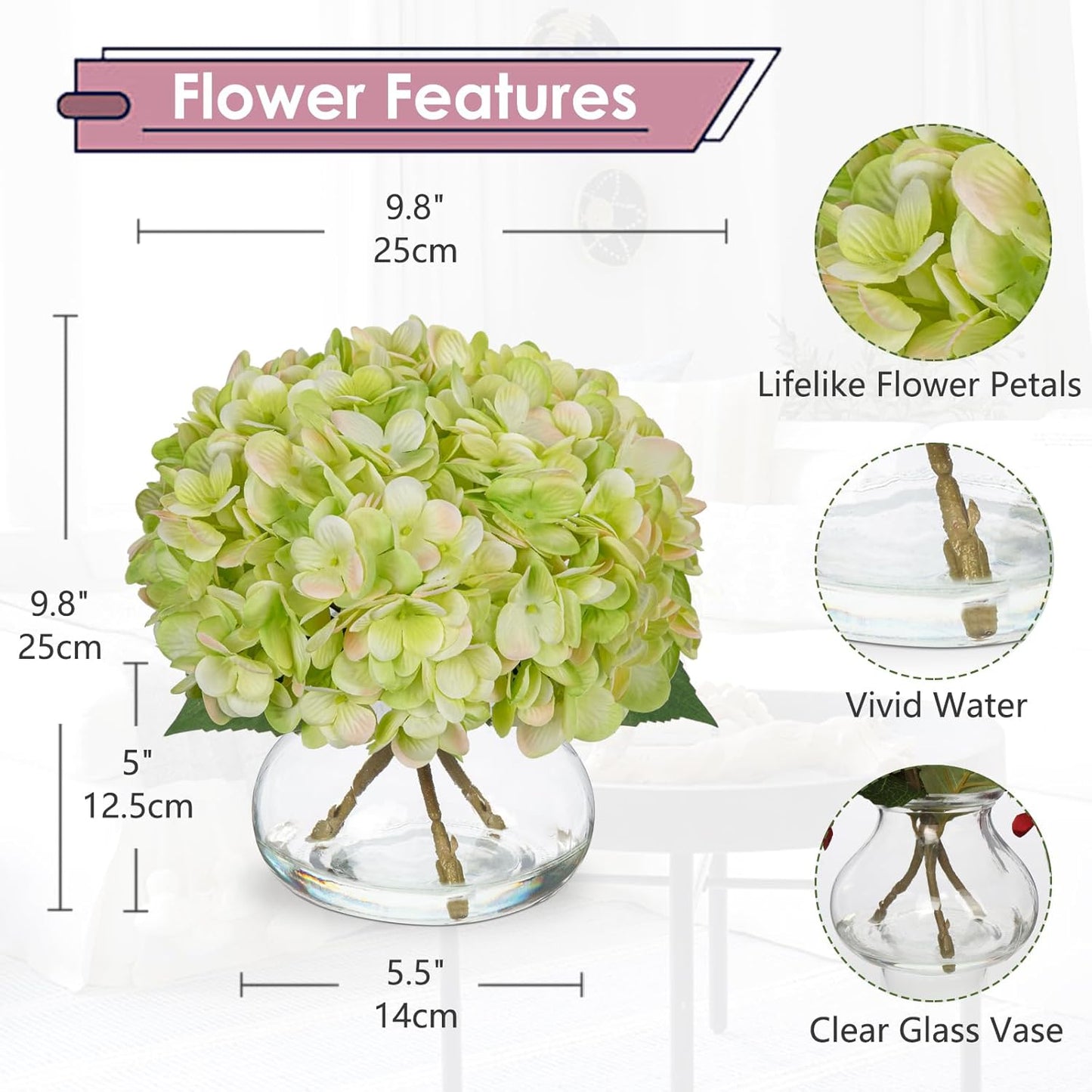 Hollyone Hydrangea Artificial Flowers with Glass Vase Green Silk Faux Flowers Arrangements in Vase with Faux Water Fake Floral Bulk Bouquet for Home Decor Table Centerpiece Decorations