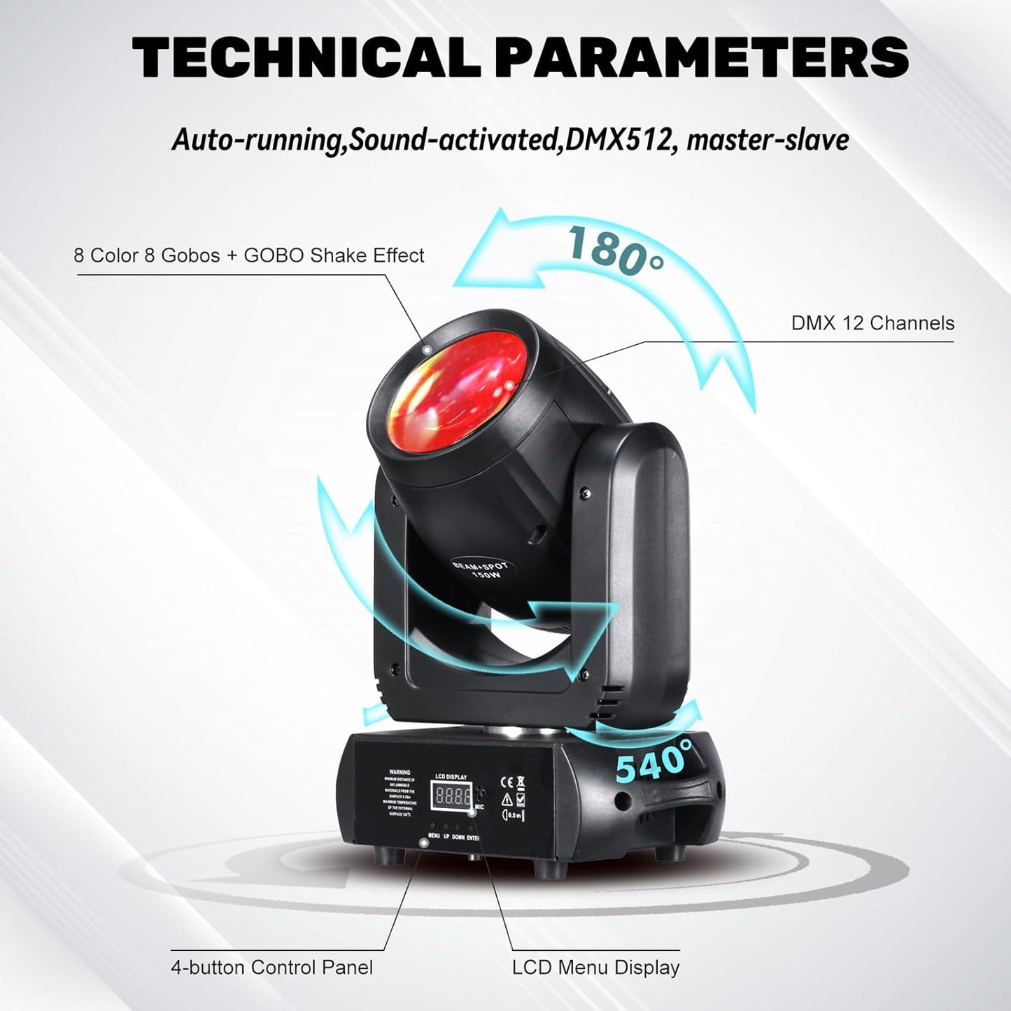 150W Moving Head DJ Lights LED Stage Light Beam Spot Wash 8 Gobos 8 Colors Stage Lighting DMX 512 with Sound Activated for Wedding Live Show Disco Events Party(150W, 1)