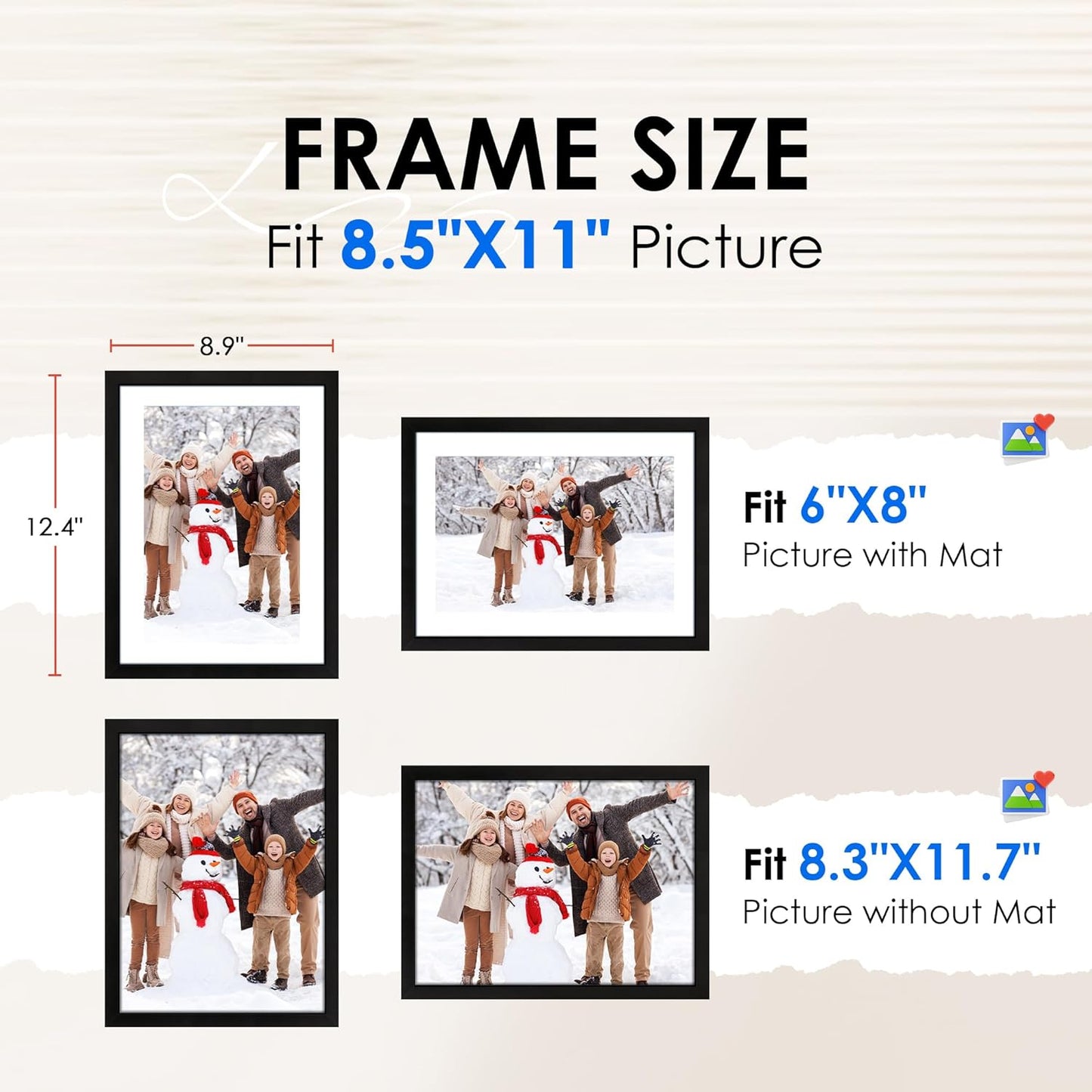 FIXSMITH A4 Picture Frame Set of 2, Black Photo Frame with HD Plexiglass, Display Pictures 6x8 with Mat or 8.3x11.7 Without Mat Multi Picture Frames Collage for Tabletop or Wall Display