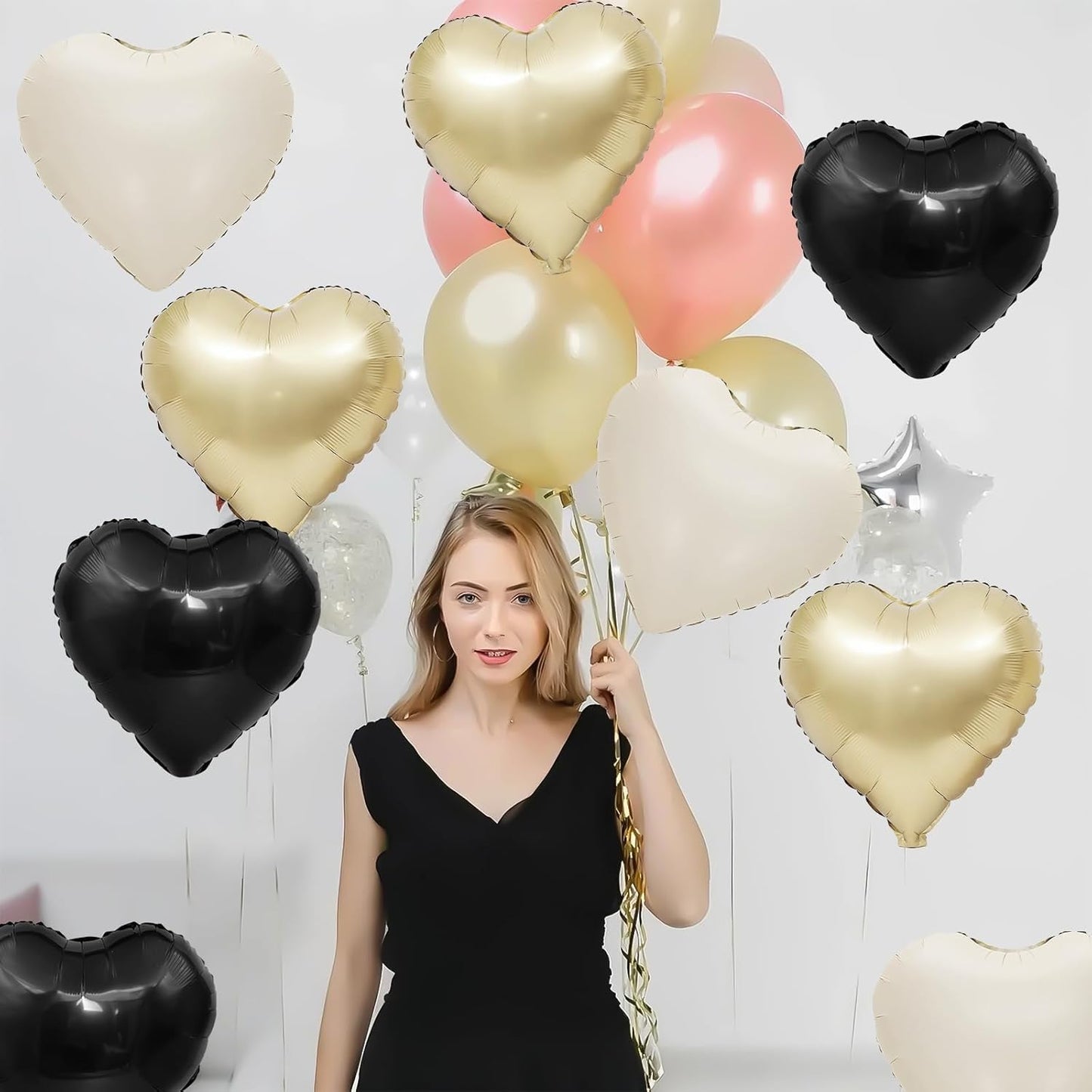 Black White Gold Heart Balloons,12Pcs 18Inch Black Cream White Champagne Gold Heart Shaped Foil Helium Balloons for Baby Shower Birthday Anniversary Wedding Engagement Party Decorations