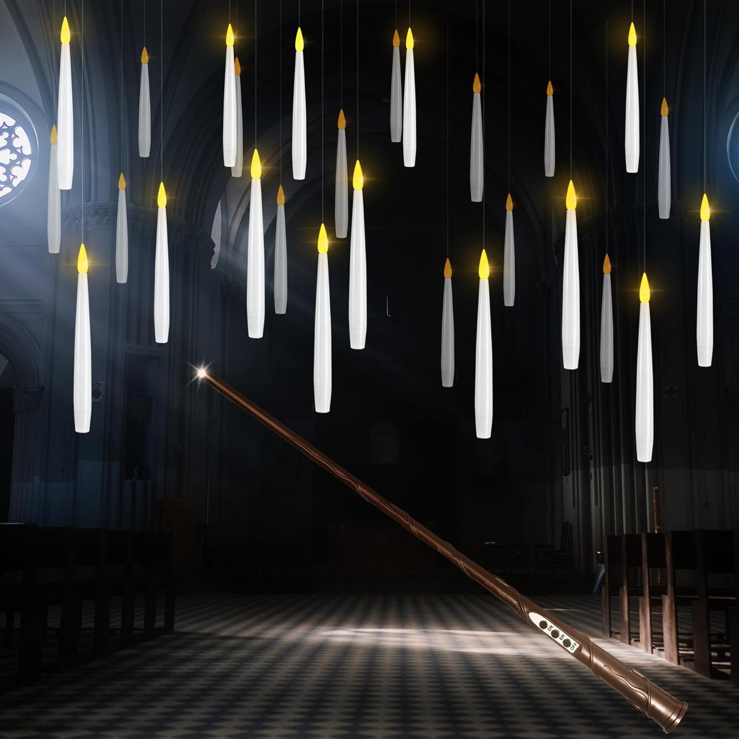 Floating Candles with Wand, 10 Pack Halloween Flameless Candles Battery Operated LED Taper Hanging Electric Candle for Christmas Halloween Birthday Party Decor 6.1in