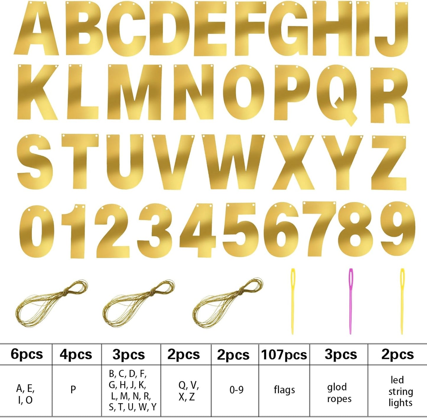 TaoBary 112 Pcs DIY Letter Custom Banner Glitter Customizable Banner Kit Including 107 Letters and Numbers 3 Rope for Valentine Birthday Party(Bright Gold)