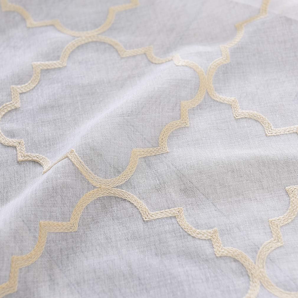 Embroidery Sheer Curtains Gold 45 Inch Length, Rod Pocket Voile Drapes for Living room, Bedroom, Embroidered Moroccan Tile Lattice Design Window Semi Curtains for Patio, Yard, 2 Panels, 52"x 45".