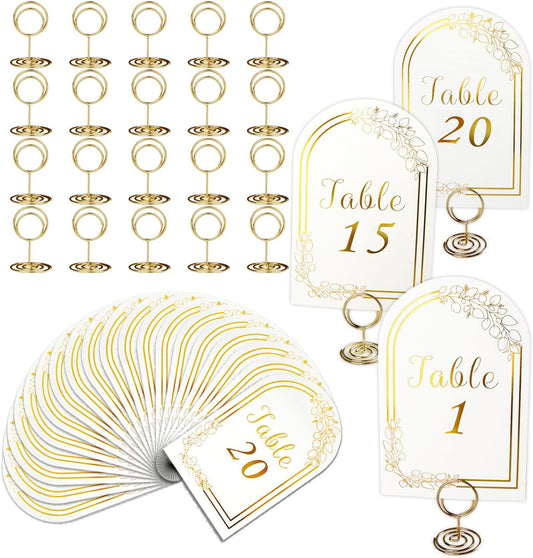 Wedding Table Numbers 1-20, 20 White Gold Tables Number Cards with 20 Gold Table Holders, 1 Set of 20 Numbers Card for Wedding Reception(Card and Holder)